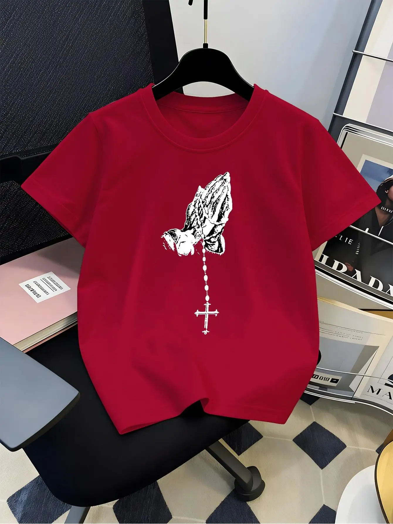 Vintage Retro Praying Hands Cross Rosary Art Graphic Print Family Matching Short Sleeve Tee Boys Girls Kids Summer Casual Tops