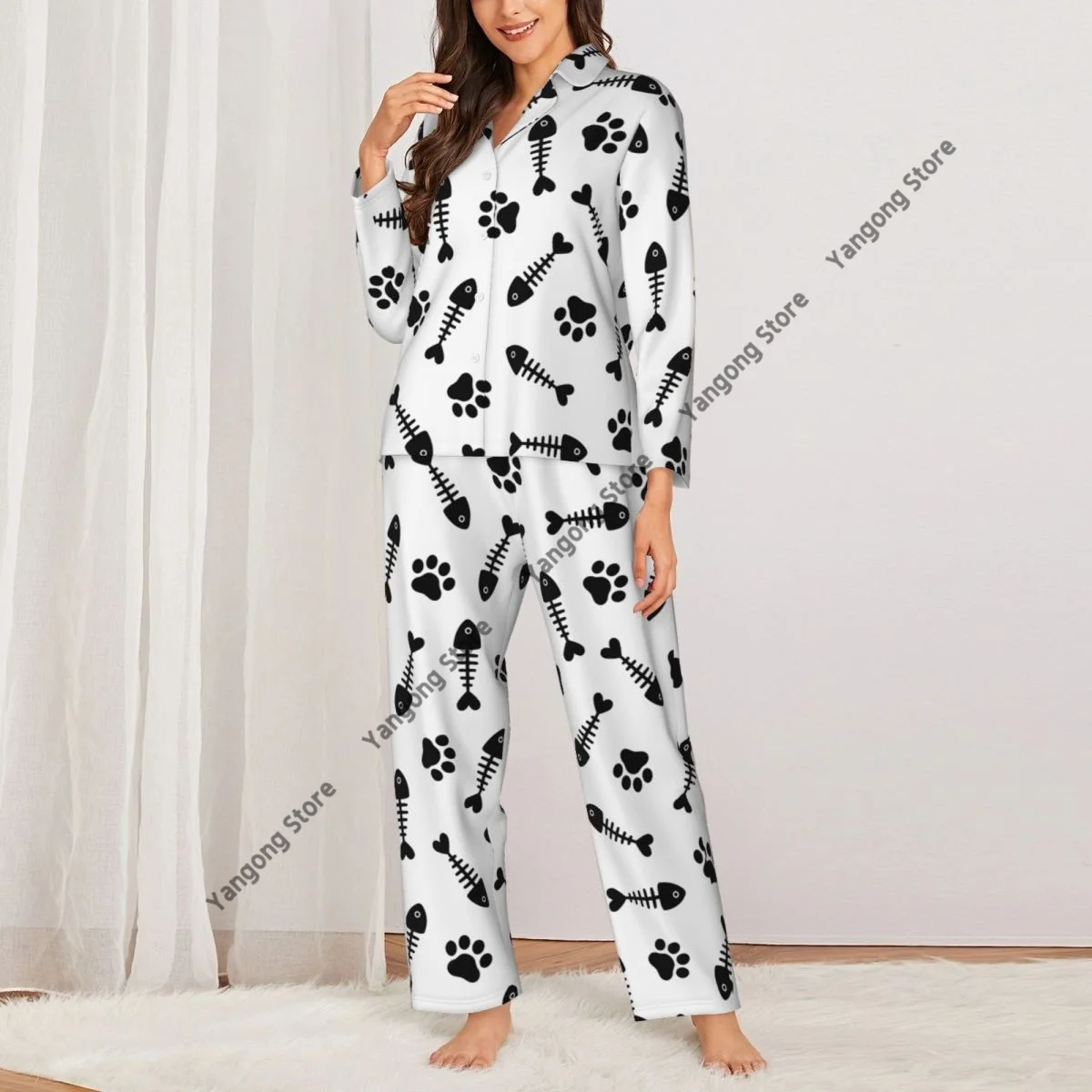 Spring and Autumn Pajama Set Women's Long Sleeve Pants Two Piece Cats Paws And Fishes Bones Home Furnishing Set