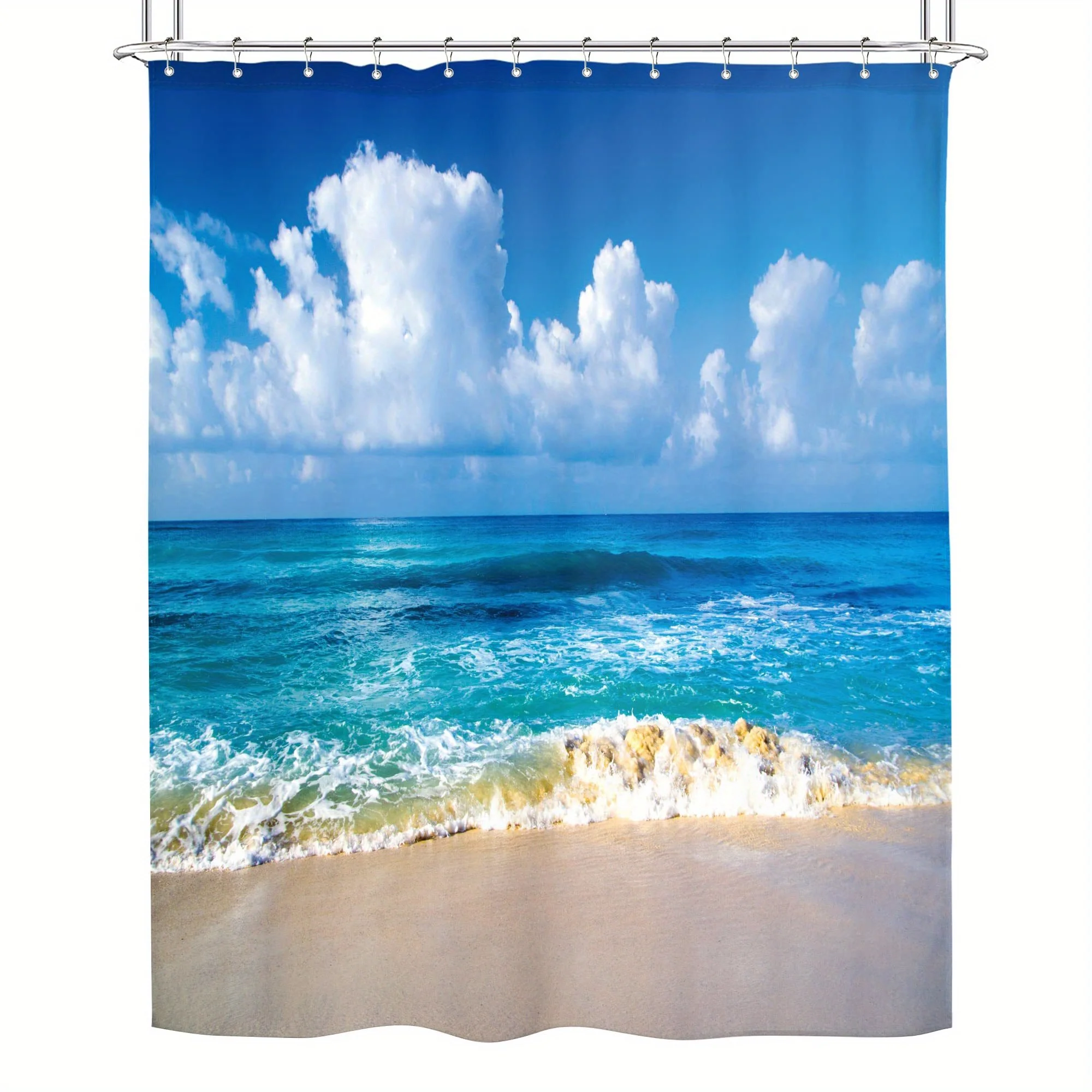 

Tropical Beach Shower Curtain Blue Ocean Waves White Sand Sky Waterproof Bath Decor Summer Vacation Bathroom Curtains