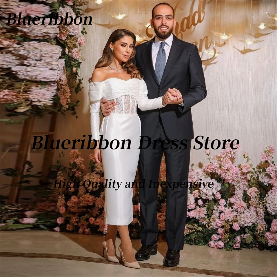 

Blueribbon Bateau Neck Prom Dresses Back Slit Tea Length Bride Wear Special Dress Long Sleeves Formal Party Evening Gowns