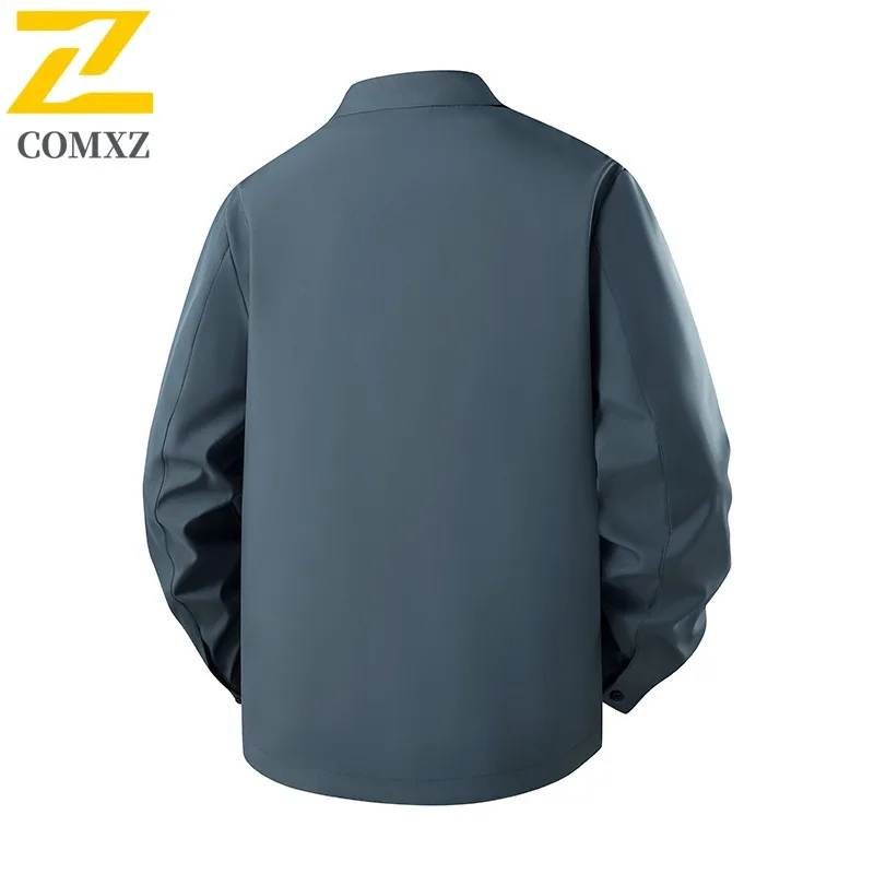 معطف خريفي للرجال من COMXZ متعدد الوظائف وياقة واقفة للأعمال سترة واقية خفيفة غير رسمية بتصميم لون نقي ملابس خارجية خفيفة الوزن