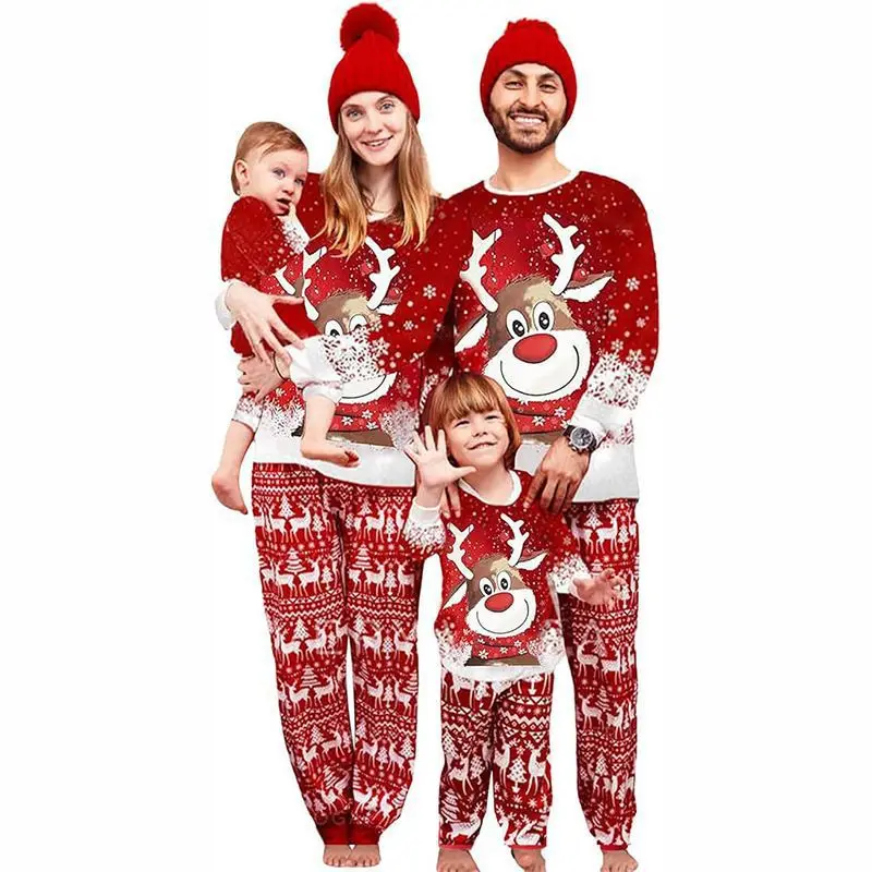 

2025 New Breathable Winter Cartoon Reindeer Print Front Logo Parent-child Christmas Set Pajamas