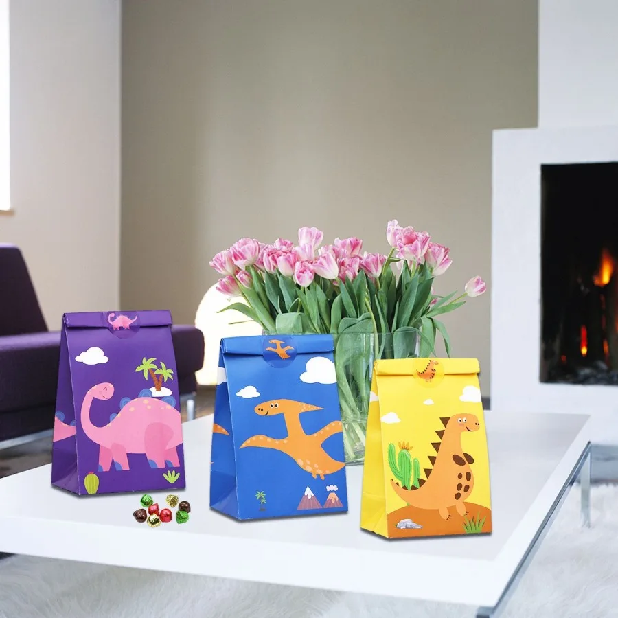 12 ชิ้นการ์ตูนไดโนเสาร์ของขวัญถุง 24 สติกเกอร์รูปแบบไดโนเสาร์กระดาษห่อถุงพรรคโปรดปรานของขวัญอุปกรณ์สําหรับไดโนเสาร์