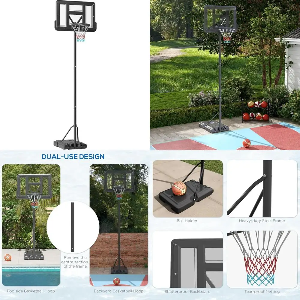 

height-adjustable portable basketball hoop with 43.25" backboard, wheels, and fillable base for swimming pool use
