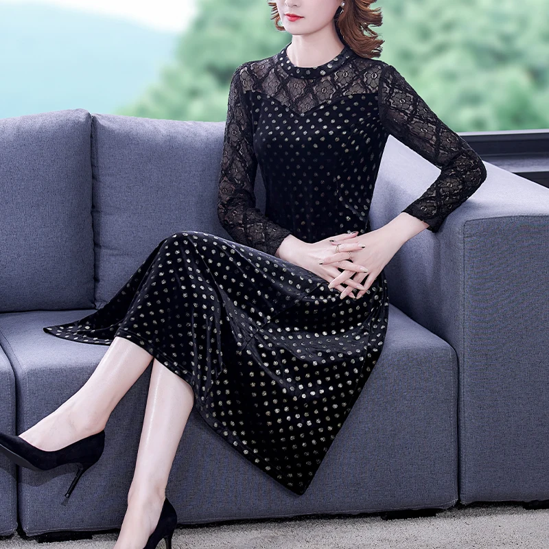 NYFS الدانتيل المرقعة الذهبي المخملية جديد الخريف طويلة الأكمام فساتين امرأة Vestidos رداء Ete فام Elbise فستان طويل فضفاض