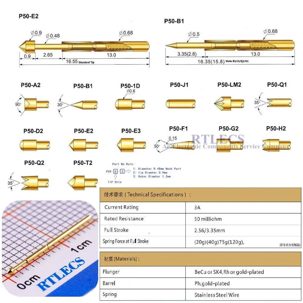 100 szt. Sprężynowe sonda testowa pozłacane z serii P50 elektroniczna igła do wykrywania goto testowanie pinezki 3A