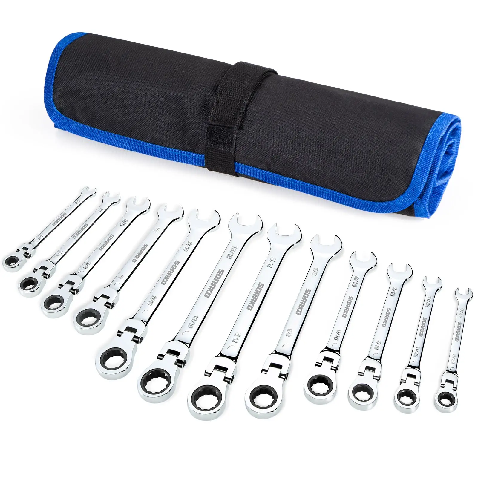 SORAKO 12pcs Ratchet Spanner Set with Storage Bag 8-19mm Wrench for Car Repairing Industrial Maintenance