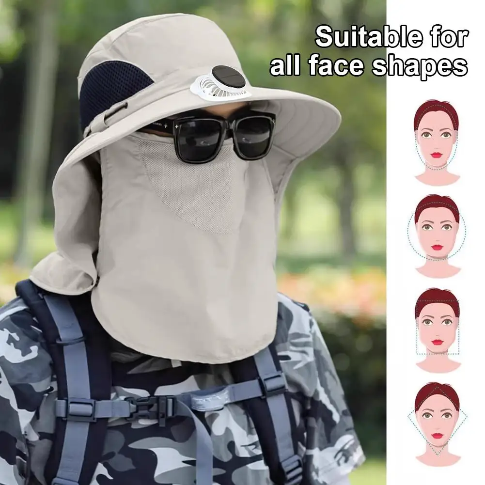 Chapeau de soleil à large bord avec ventilateur solaire et masque facial, chapeau de pêche en plein air, chargement USB, protection UV étanche, randonnée