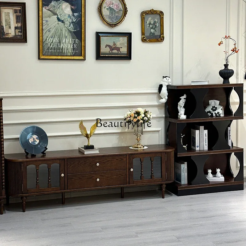 

01 yj19 French Retro Solid Wood TV Cabinet Walnut Color American Style Small Apartment Living Room Floor Cabinet