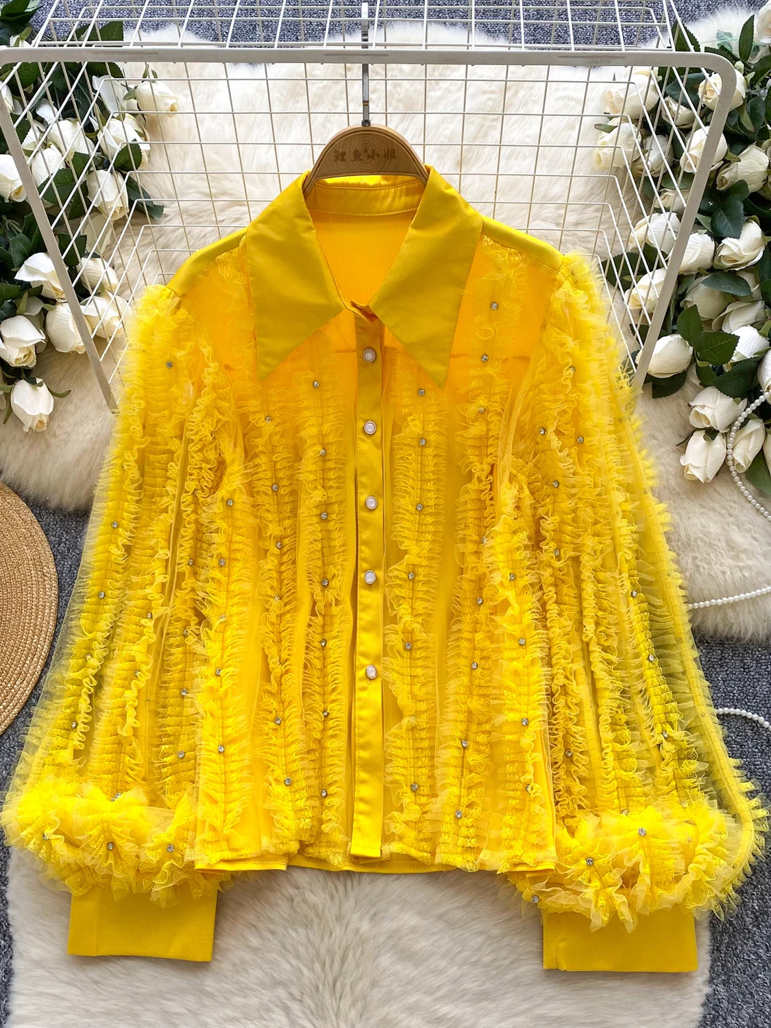 

Diamond Embedded Wooden Lantern Sve irt Women's Loose Slimming Single Buttoned Top Faionable Casual Com...