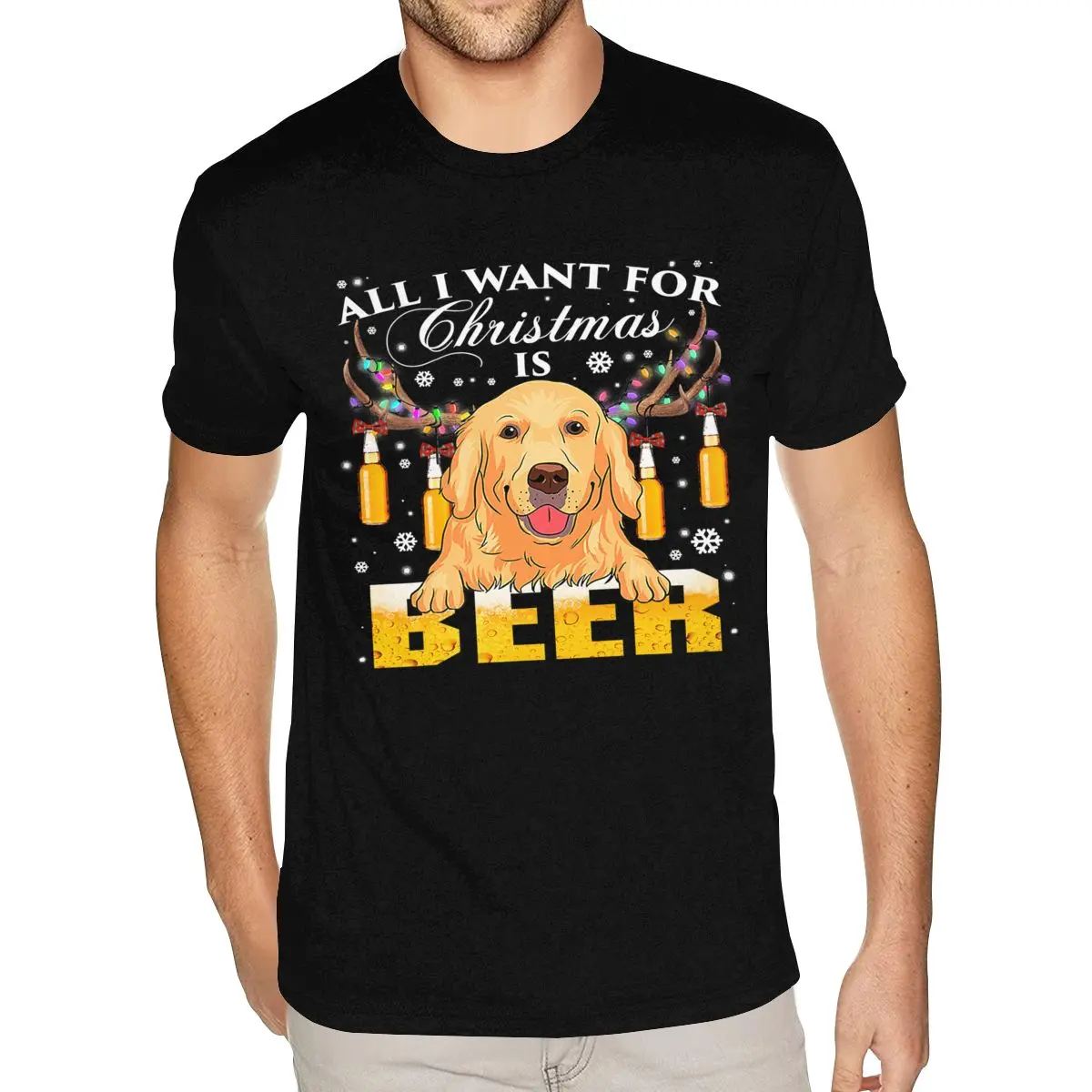 

Workout Golden Retriever Reindeer Beer Christmas Ornaments Lights Tee Shirt Men's Plus Size Short Sleeves Cotton Black Shirt