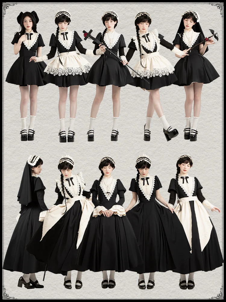 Original genuine new Gothic Nun Black Long and short OP Dress with sleeve apron Vintage elegant dress set