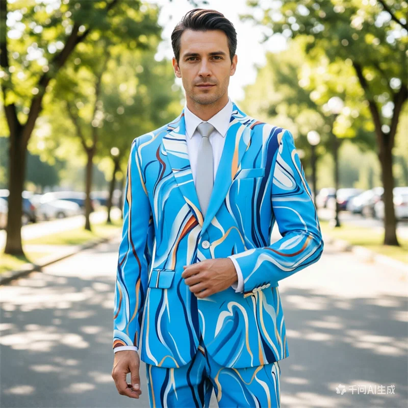 

Мужской синий костюм-двойка, эффектный пиджак с принтом в сочетании с брюками, идеально подходит для повседневной носки и свадебных торжеств, европейские размеры.