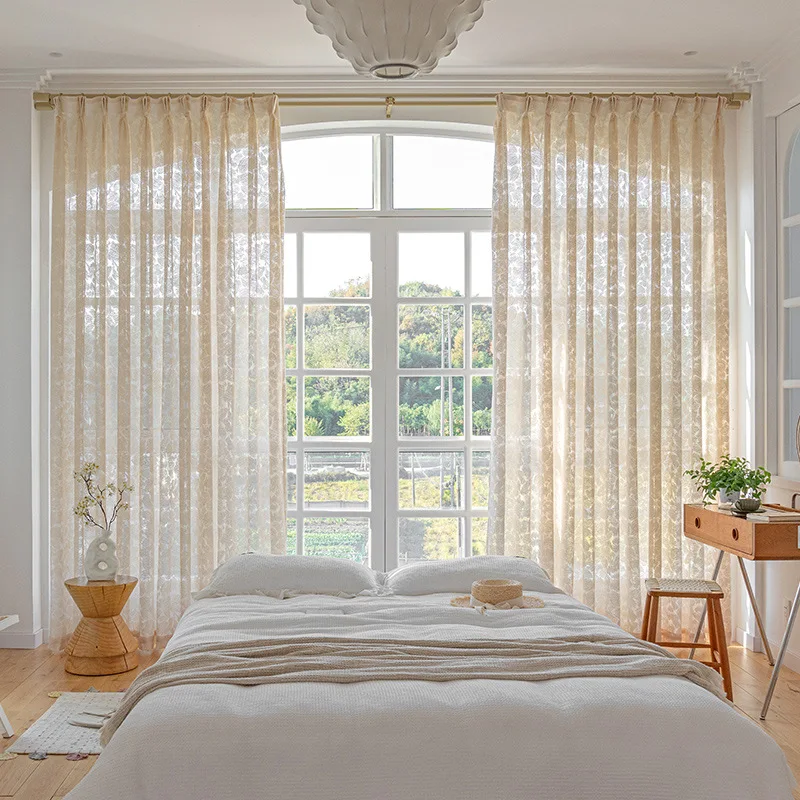 Lace Thickened Evening Lotus Yarn Milk Tea Color Jacquard Weaving Texture Custom Size Curtains for Living Dining Room Bedroom