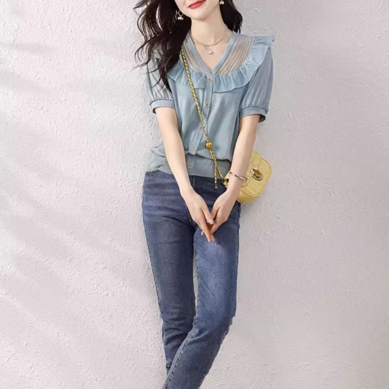 

Шифоновая рубашка с v-образным вырезом для женщин, тонкий вязаный топ с рюшами и французской сеткой