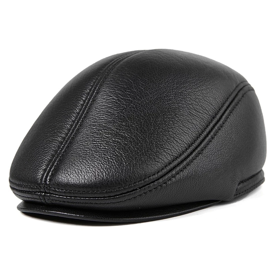 Winter Flat Caps Beret Men Black Warm Duckbill Hat Ivy Male Earflaps Thicker Genuine Leather Solid Classic Driving Cap