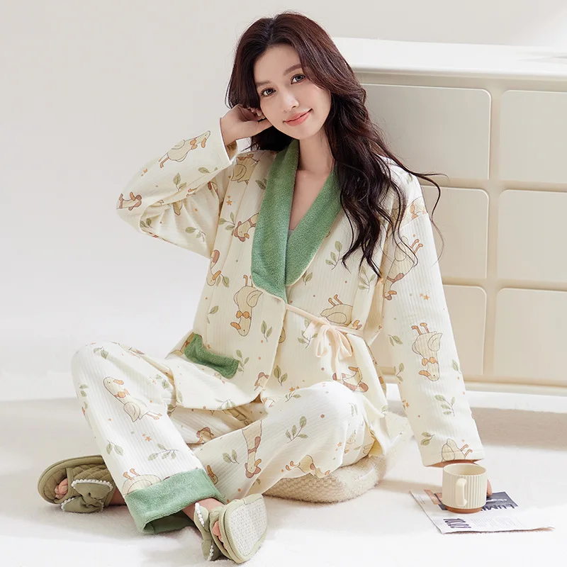 Maternity Nursing Sleepwear Sets V-Neck Breastfeeding Pajamas Cotton Padded Comfortable Autumn Winter for Pregnant Home Lounge