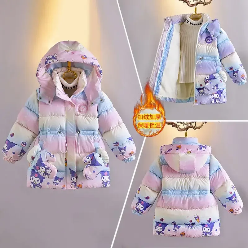 

Kuromi Sanrio, свободное пальто для девочек, хлопковая одежда, перчатки, популярная детская зимняя стильная куртка с хлопковой подкладкой Hello Kitty Kawaii, подарок с героями мультфильмов