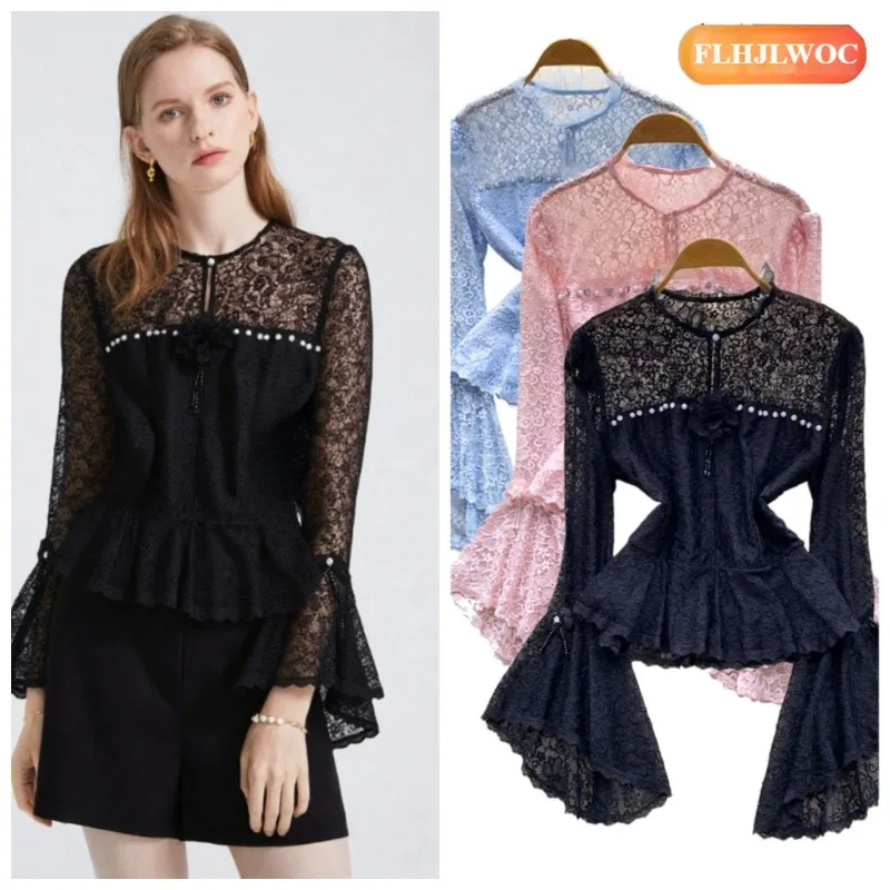 

Bling Beaded Tops Blouses New 2026 Spring Woman French-style Luxury Embroidery Hollow Out Lace Crochet Top Flare Sleeve Shirts