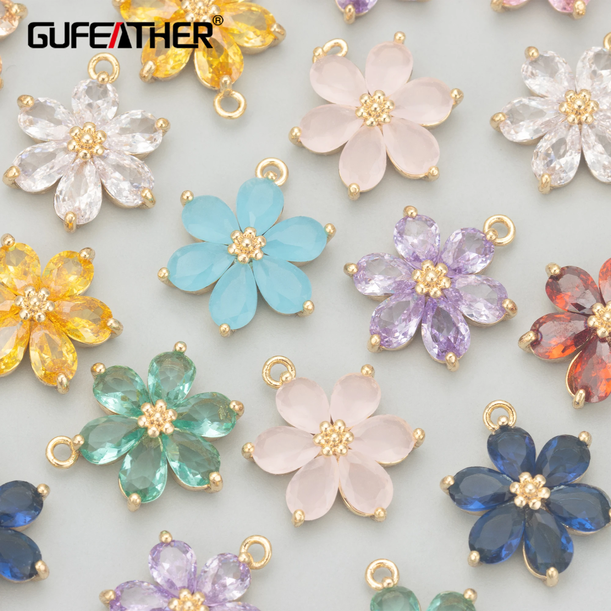 GUFEATHER,6pcs/lot,MC78,jewelry accessories,18k gold plated,nickel free,copper,zircon,hand made,flower shape,charms,diy pendants