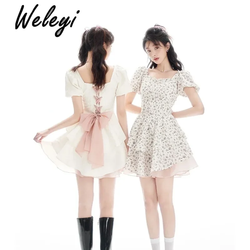 

Sweet Women's Dress 2024 Summer for New Ropa Mujer Streetwear Cute High Waist Puff Sleeve Bow Tie A Line Princess Tutu Dresses