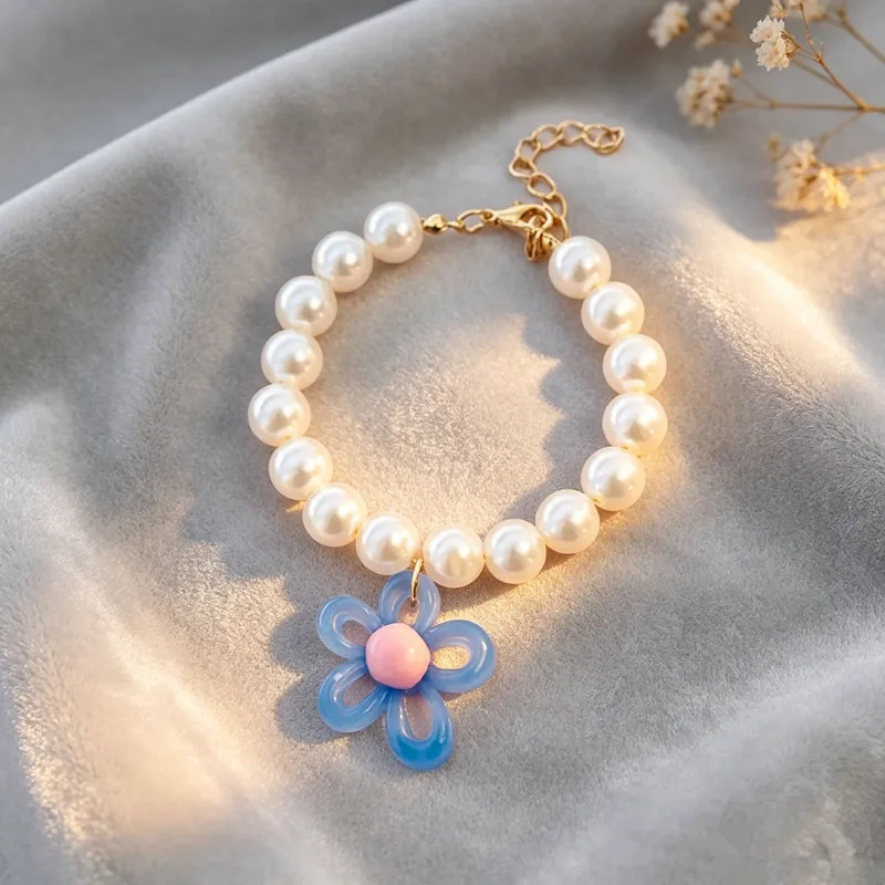 Pearl Pet Necklet Hollow Resin Flower Pendant Adjustable Extension Chain Kitten Yorkshire Portrait Dress-up Decor Neck Ornament