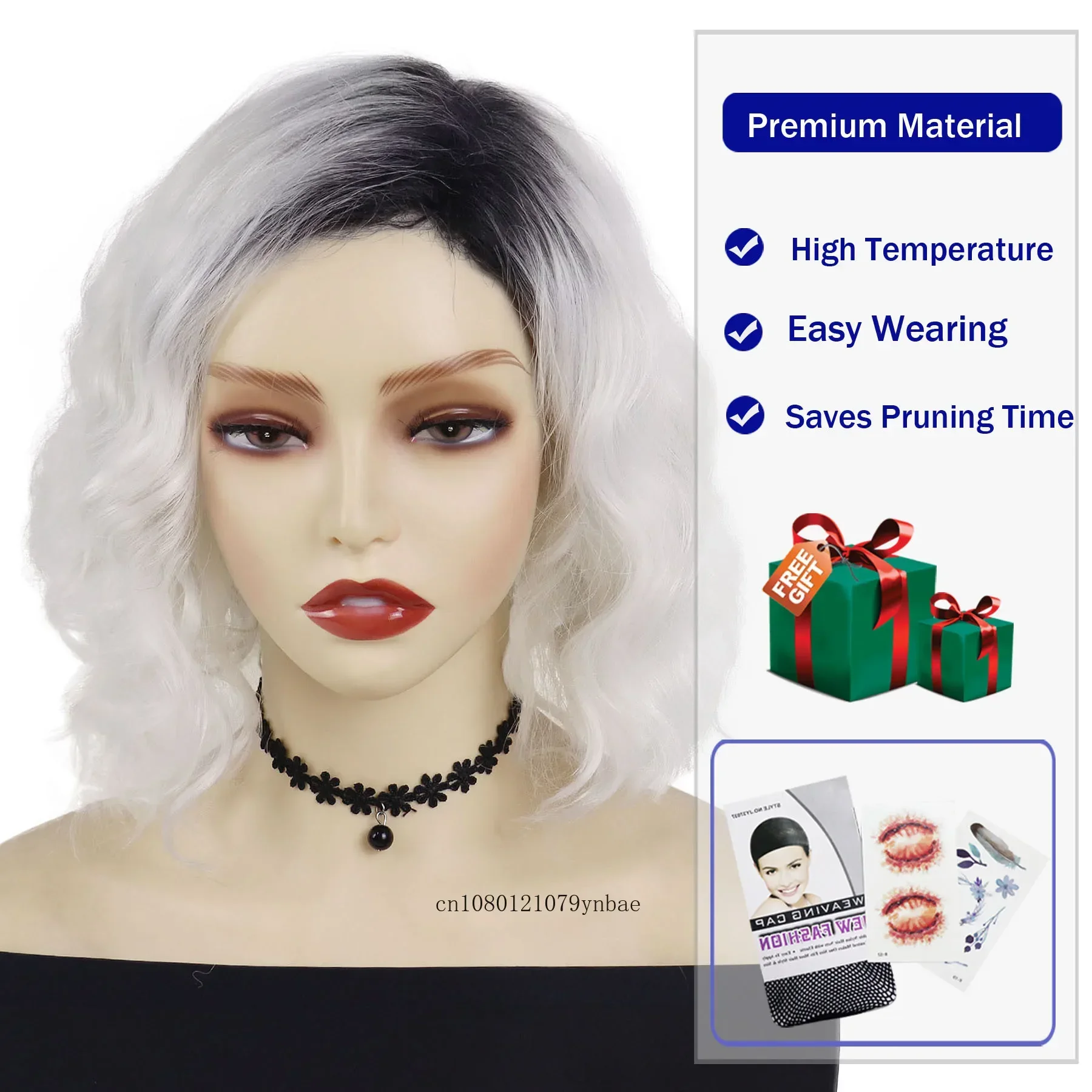 Parrucche sintetiche Ombre bianche per donne Ragazze Parrucca corta ondulata con radice scura con frangia Cosplay quotidiana Anime Costume Party dall'aspetto naturale