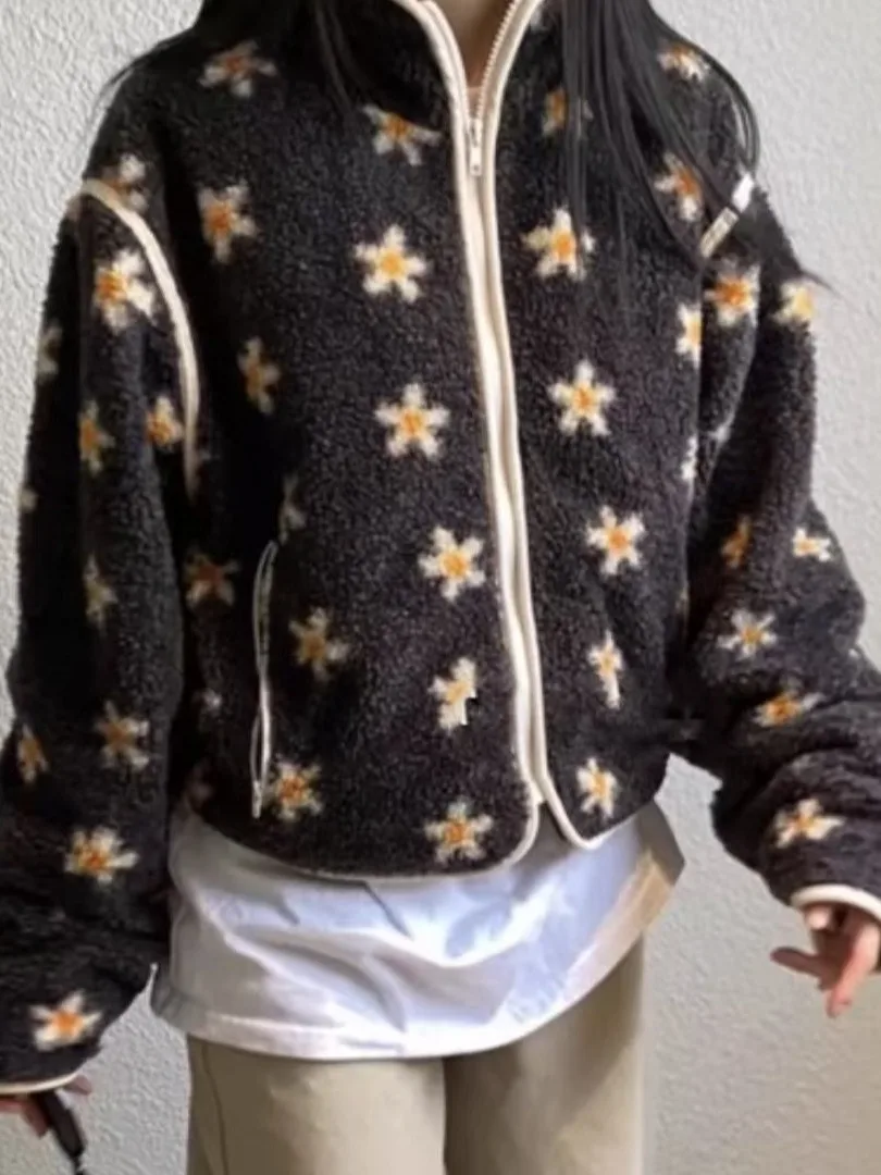 Retro Sweet Color Blo Flower Print Fluffy Zipper Cotton Jaet Women's Winter Loose Long Sve Warm Cotton Outerwear