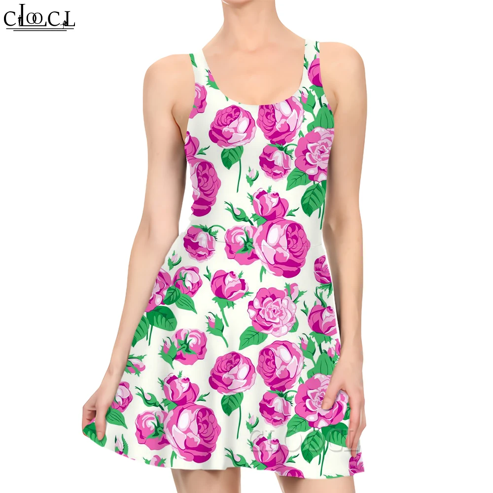 

CLOOCL Elegant Mini Dress Rose Painting Pattern Printed Female Sleeveless Short Dress Princess Dress Summer Clothes Women