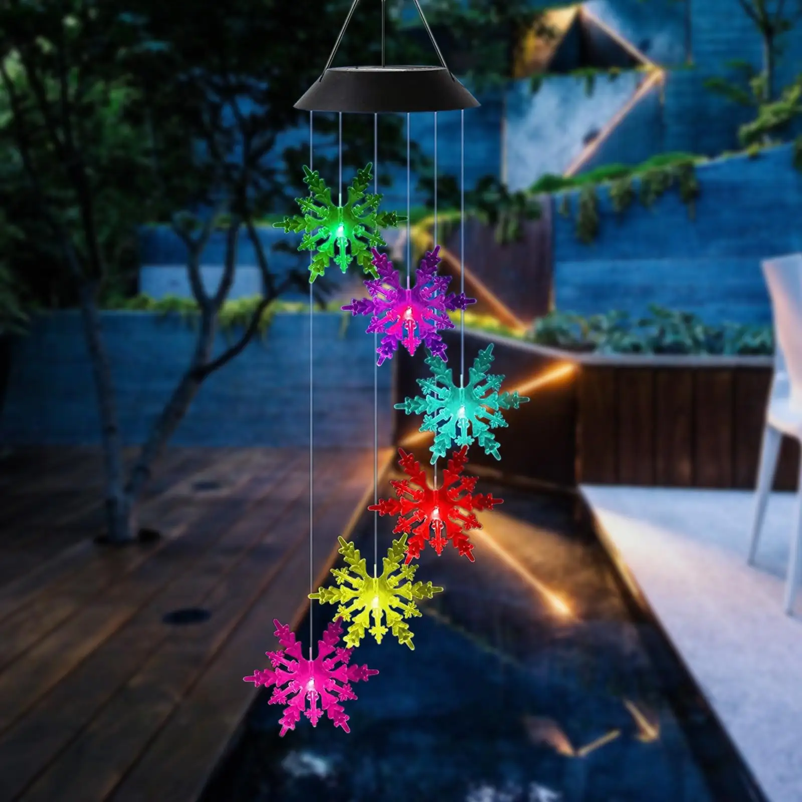 LED Solar Wind Chime Light Colorful Garden Decor Waterproof Outdoor Christmas Deer Snowflake Hanging Lamp for Patio Yard
