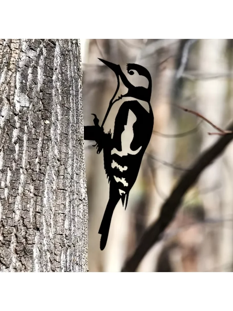 1pc Whimsical Woodpecker Tree Insert - Metal Silhouette Decoration with Branch Iron Stake for Home Garden Patio, Outdoor Statue
