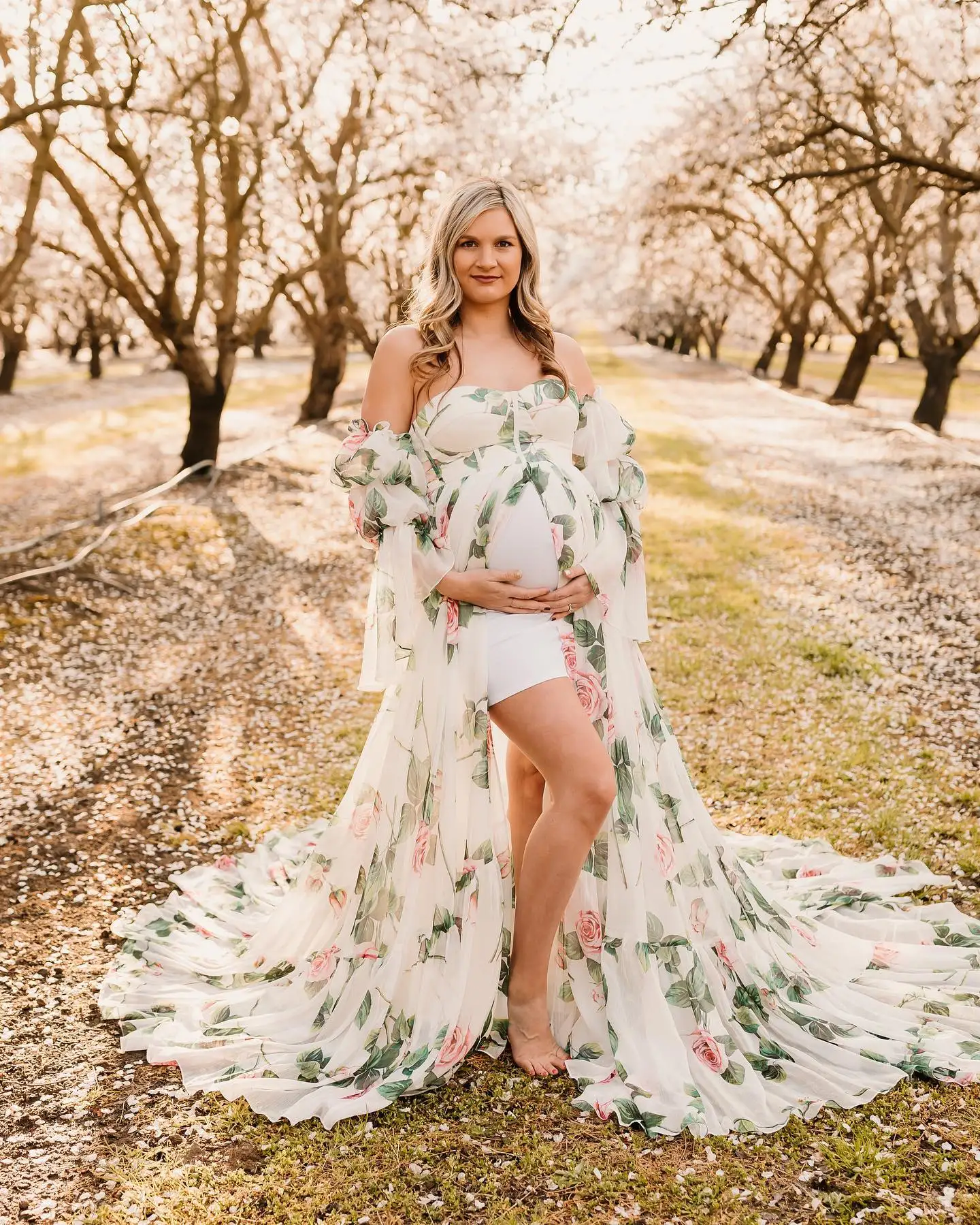 Vestidos de maternidad con estampado de flores para sesión de fotos, bata de embarazo, escote Corazón, hombros descubiertos, mangas completas, vestido de graduación hecho a medida