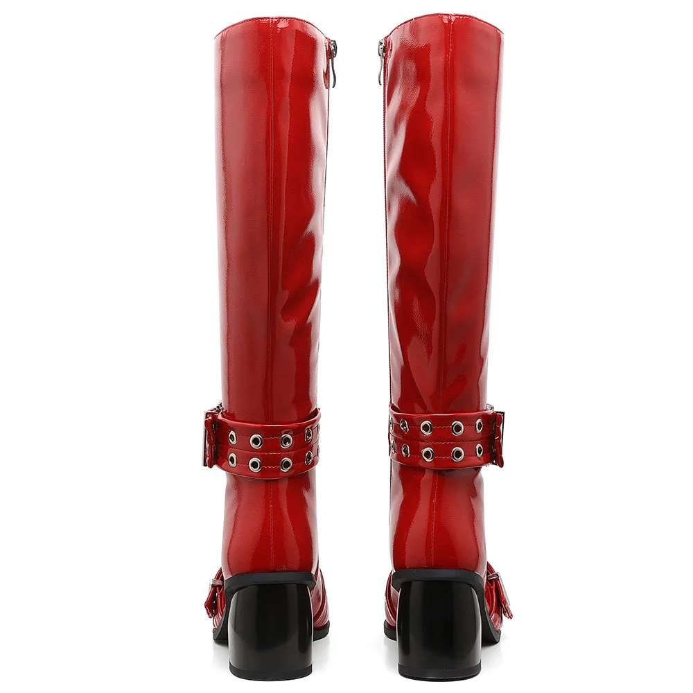 Chunky High Heel Pointed Toe Motorcycle Boots Side Zipper Buckle Patent Mid-calf Boots Fashion Street Snap Cool Punk Y2k Shoes