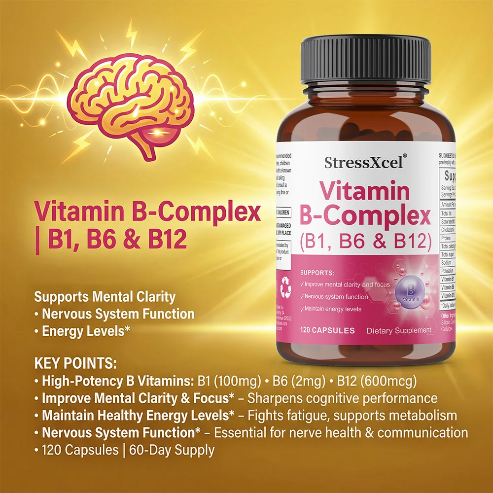 Vitamin B Complex Capsules, Vitamin B1,B6,B12, , Sustained Energy Brain Immune Support, Better Mood Assists Nervous System