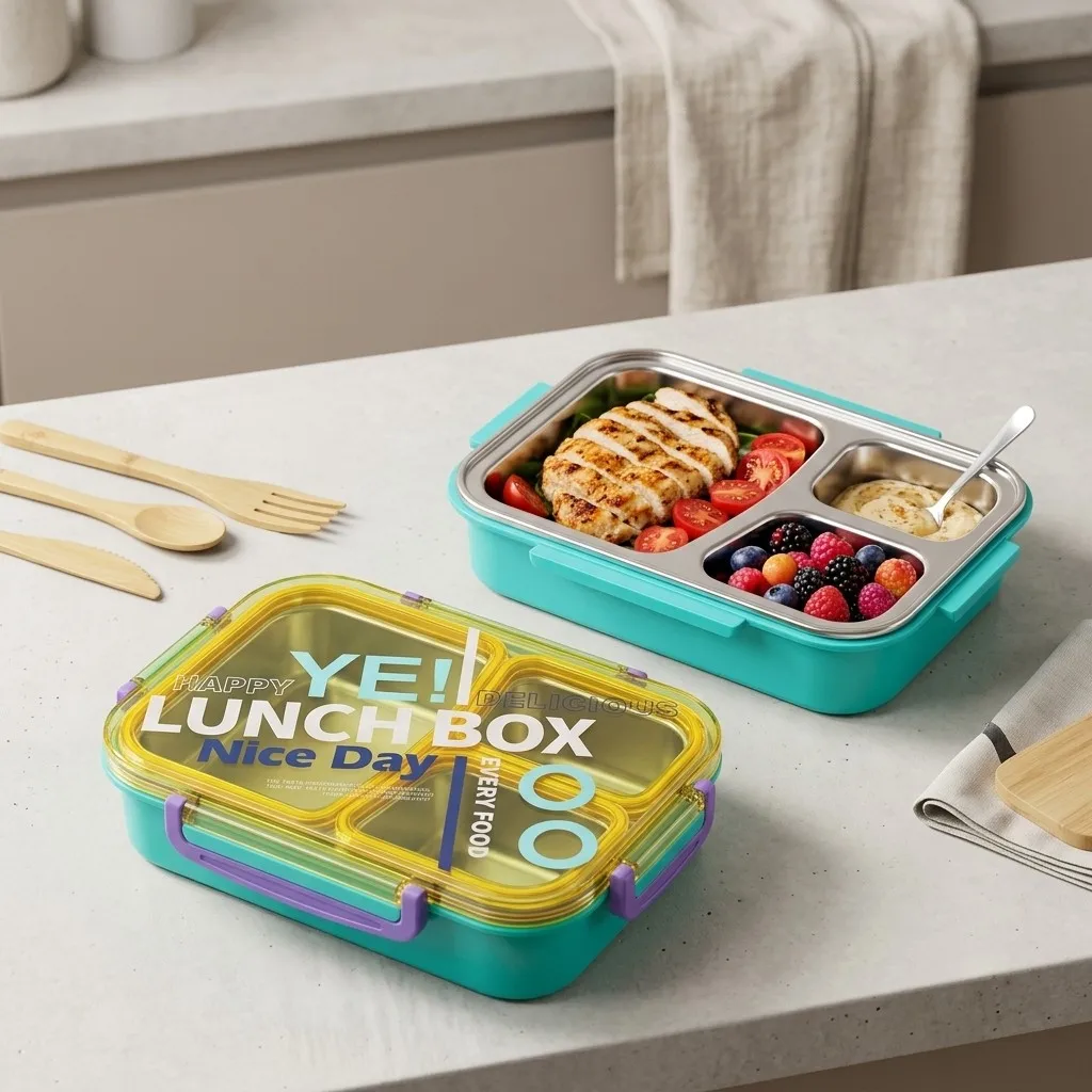 Microwavable 304 Stainless Steel Bento Box 2/3 Compartment Lunch Box Leakproof Food Storage Container With Lid For Kids School