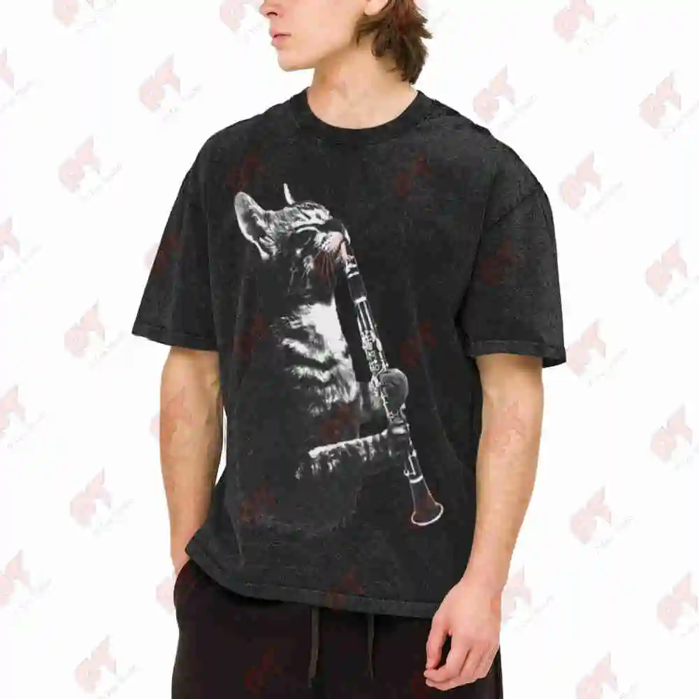 Cat Playing Clarinet Musician Woodwind Vintage Washed Tee Pure Cotton T-Shirt