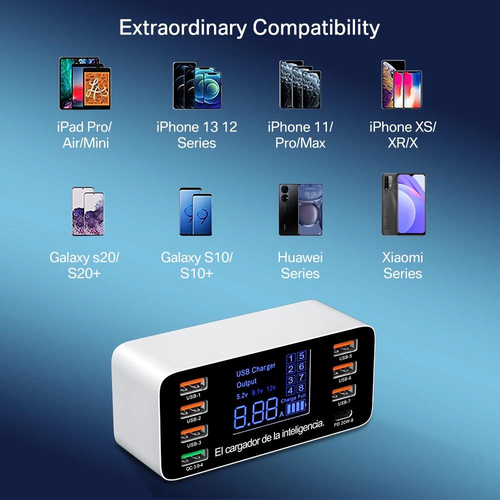 60W 8 Ports USB Phone Charger QC3.0 PD Type C USB C Fast Charger Quick Charge 3.0 Smart LED Display Charging Station Adapter