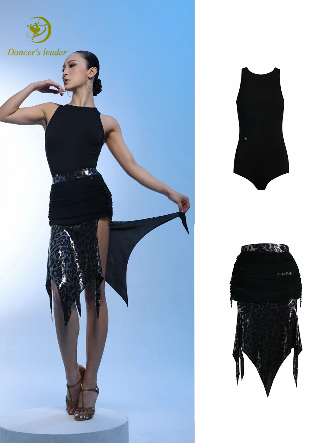 

Latin Dance AB Stone Female Adult Children High end Customized Bareback Strap Leopard Pattern Dress Black Pool Samba Dress