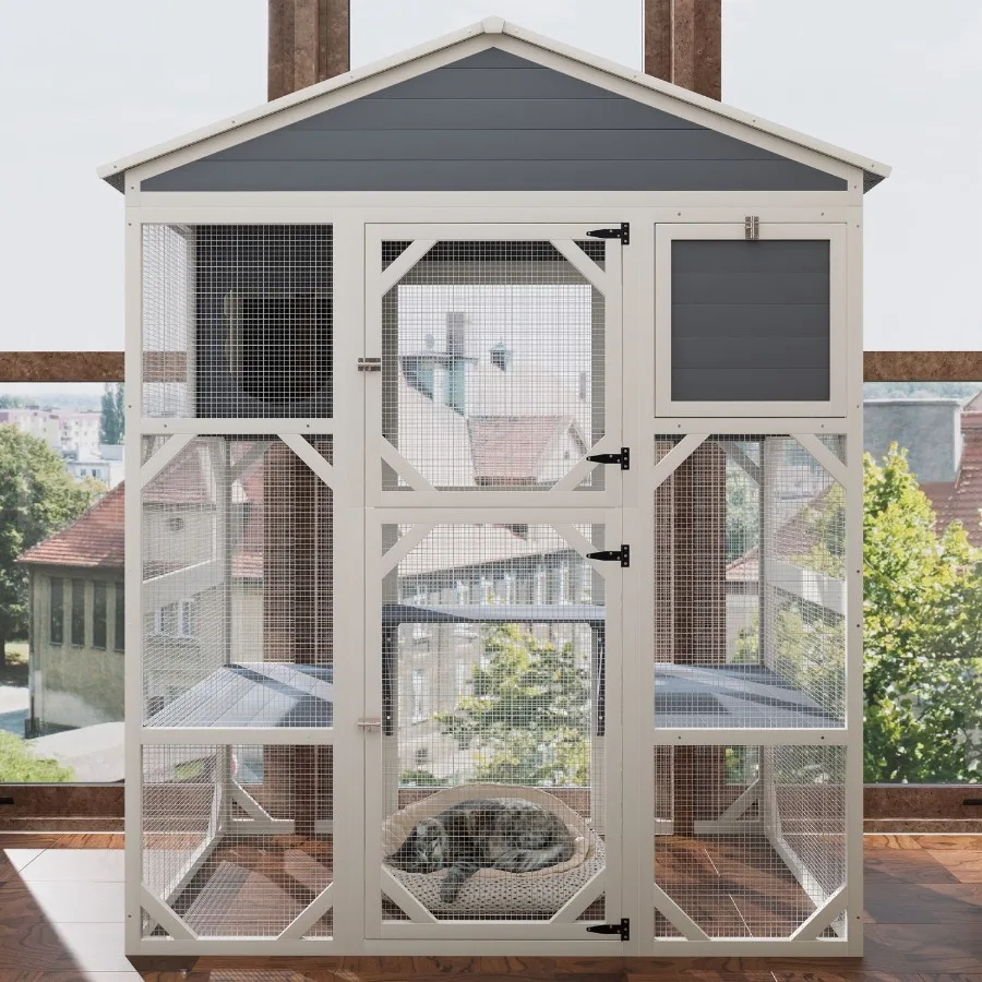 

Серый деревянный открытый кошачий домик Catio с водонепроницаемой верхней частью, 3 платформами, 2 домика для сна, клетка для маленьких домашних животных
