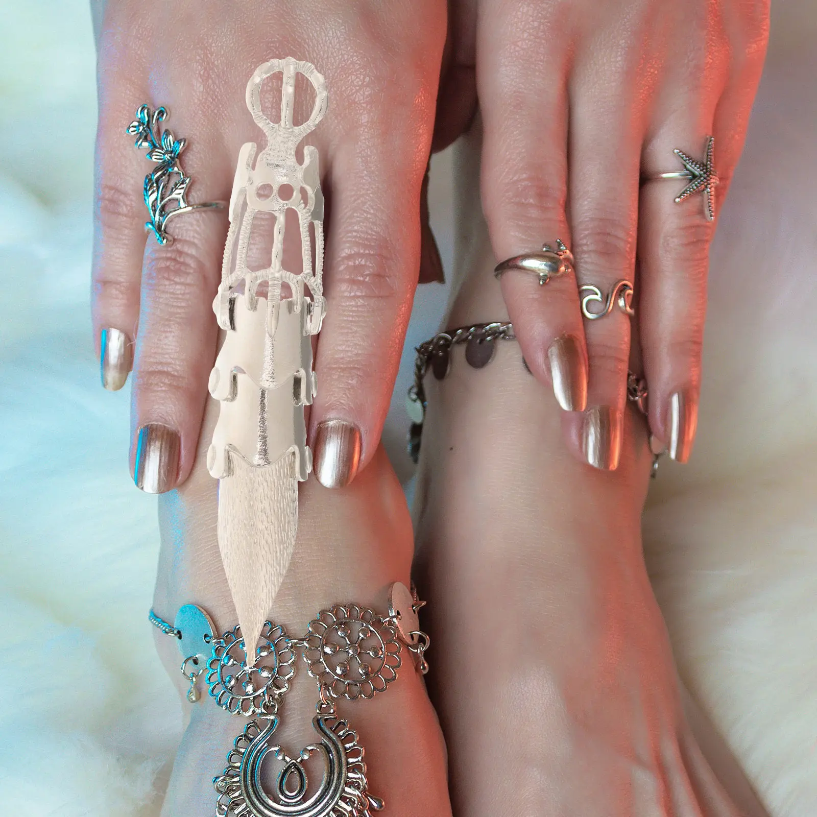 

2Pcs Dragon Head Long Finger Ring Alloy Punk Gothic Full Finger Joint Ring for Men Women Festival Party Halloween Dance Decor