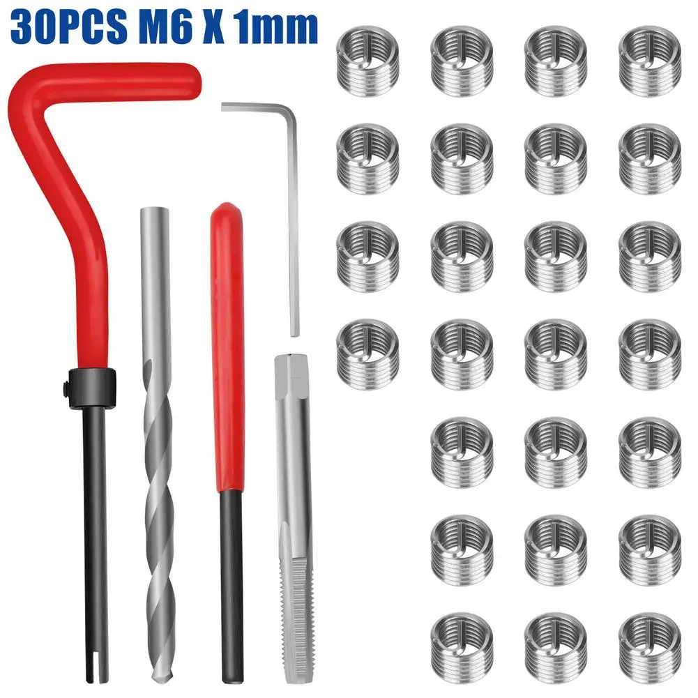 30Pcs Stripped Repair Insert Kit M6 x 1mm Damaged Thread Rethread Recoil Repairing Hand Tools Accessories