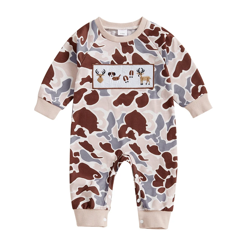 Baby Boy Girl Camouflage Romper Dog Reindeer Embroidered Long Sleeve Full Length Sweatshirt Jumpsuit