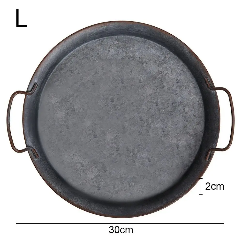 2 أحجام الرجعية لوحة معدنية صواني مستديرة مع مقبض جولة المطاوع خمر تخزين الخبز تخدم صينية يدويا ديكور المنزل