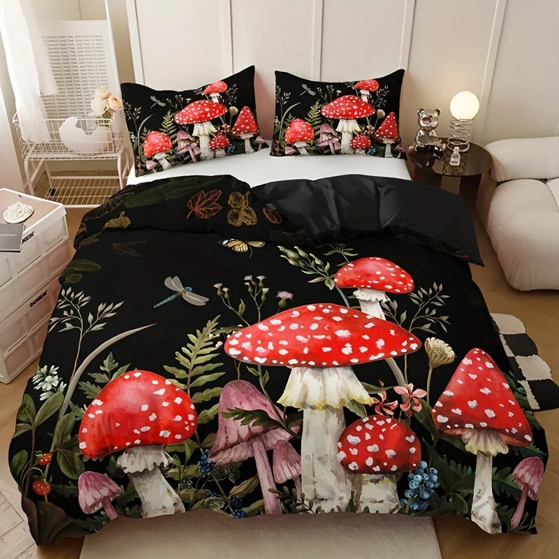 Red Mushroom Print Bedding Queen Set Soft Comfortable Duvet Cover For Bedroom Guest Room (1*Duvet Cover + 2*Pillowcase)