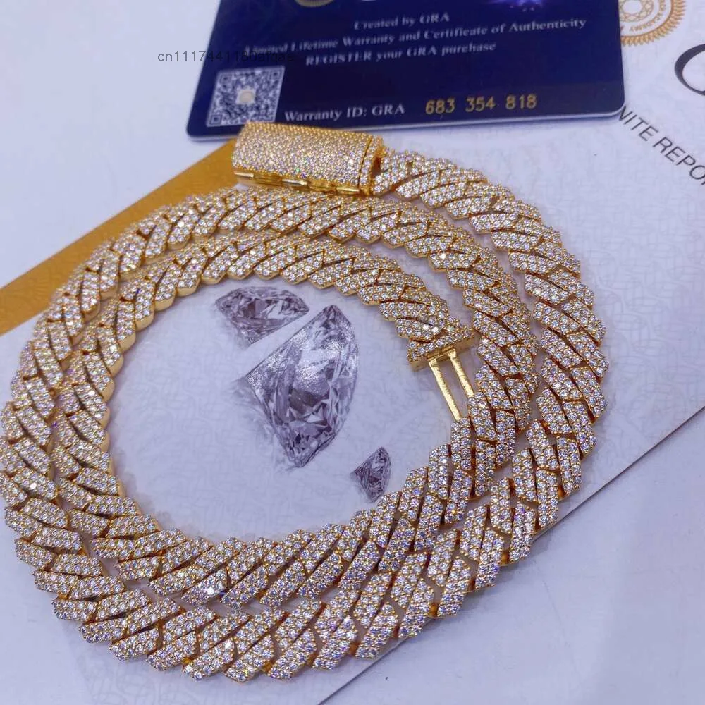 Trending Hiphop Jewelry Chain Yellow Gold Plated Moissanite Diamond 10mm Sterling 925 Silver Cuban Necklace.