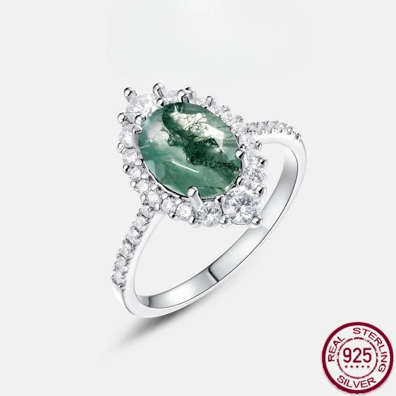 

New S925 pure silver unique charm water grass agate green moss fashionable finger ring simple and atmospheric wedding jewelry
