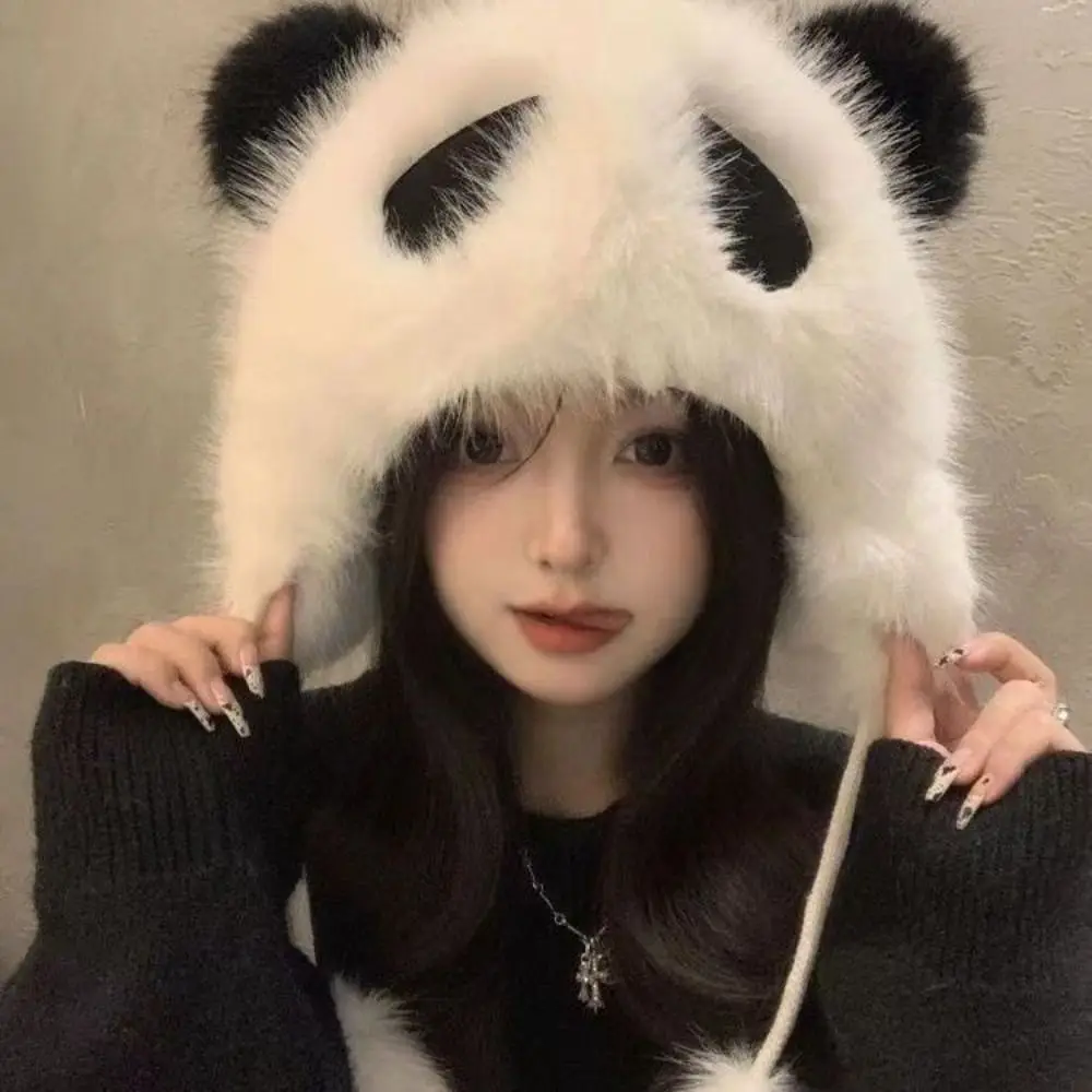 Animal Plush Panda Hat Fashion Design Cloth Accessories Cartoon Fleece Hat Cartoon Muffler Ear Protection Hat Face Protection