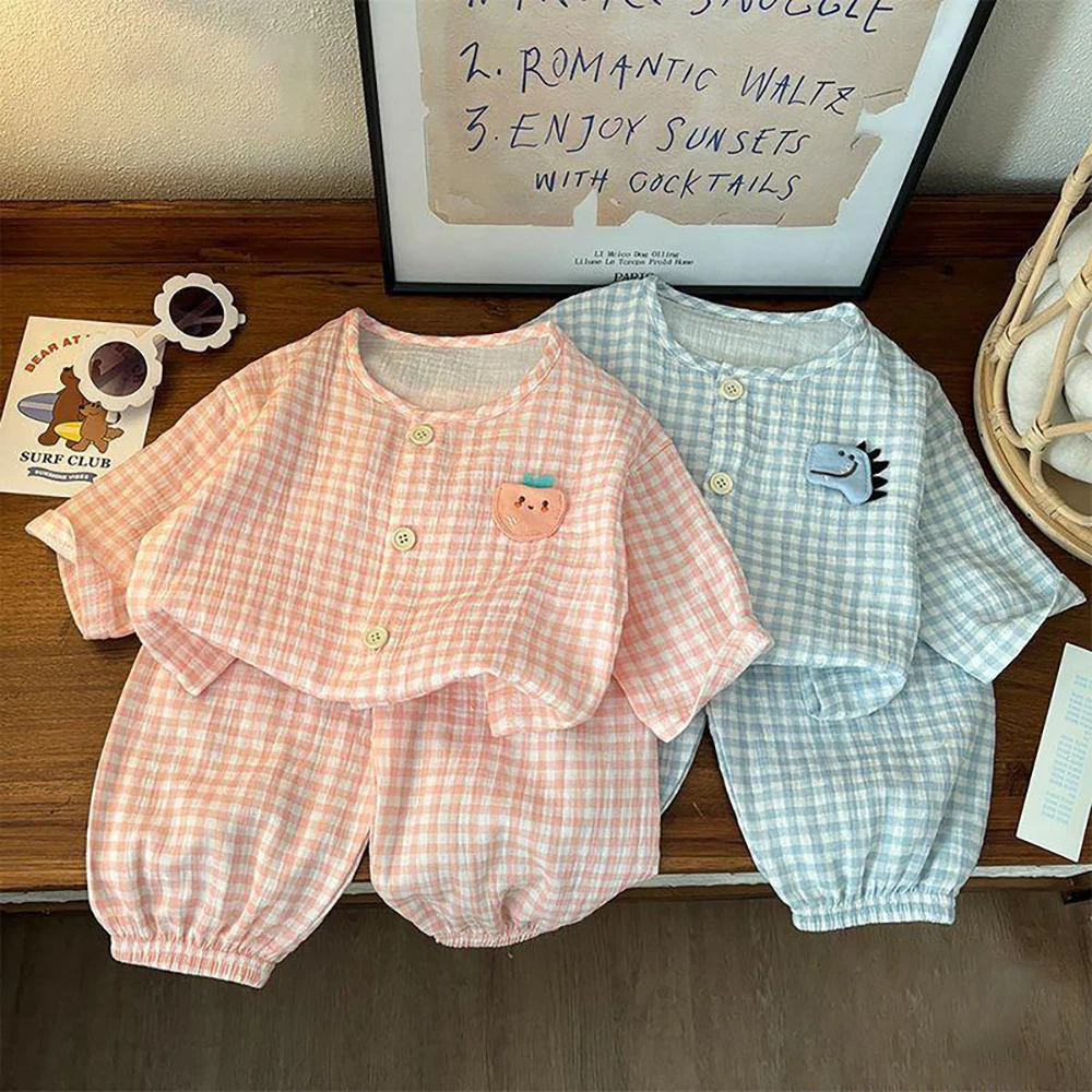 

Детский пижамный комплект, весенне-осенний клетчатый комплект с мультяшной аппликацией, топы с длинными рукавами + брюки, комплект из 2 предметов для девочек и мальчиков, детский домашний костюм для сна