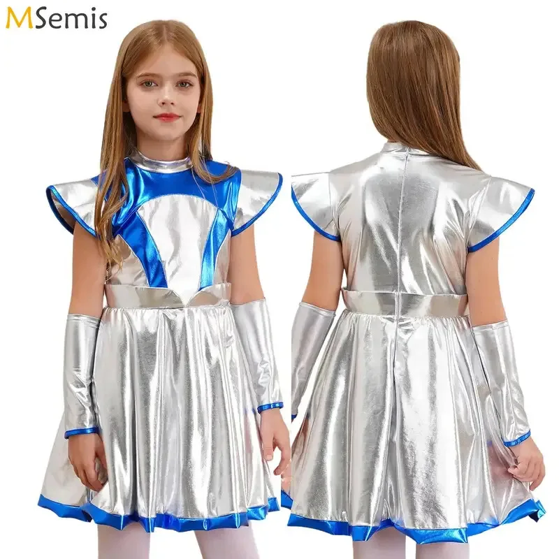 

Kid Girls Halloween Alien Costumes Astronaut Cosplay Uniforms Dress Space Clothing Shiny Metallic Robot Tank Tops Cap Sleeve Set