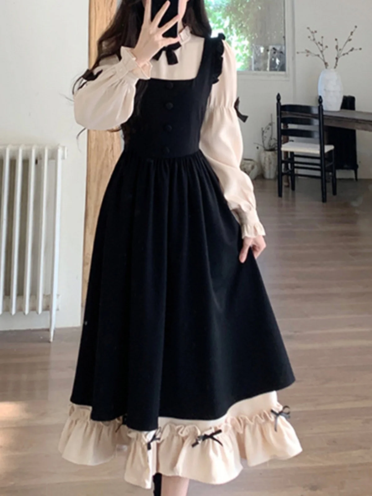 فستان لوليتا خفيف الوزن للربيع والخريف مقاس كبير على الطراز الياباني مكون من قطعتين مع حواف من الدانتيل وأشرطة كتف #1